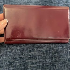 Authentic PRADA Double Snap Button Long Wallet wine, color, Patent Leather